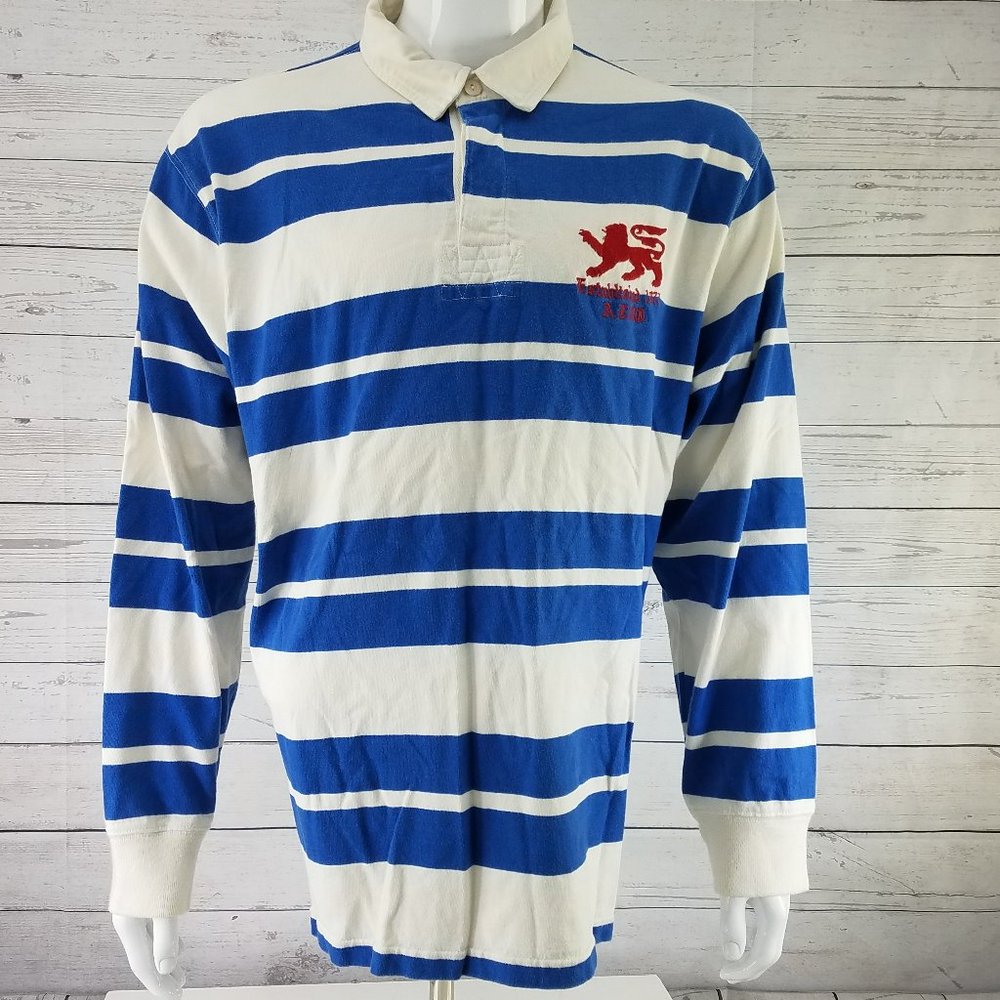 Rugby Style Polo Shirt long Sleeve Blue/White Strip Sz XXL